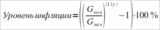 Уровень инфляции=left(left(G_кон over G_нач right)^(1/y)-1 right) cdot 100%